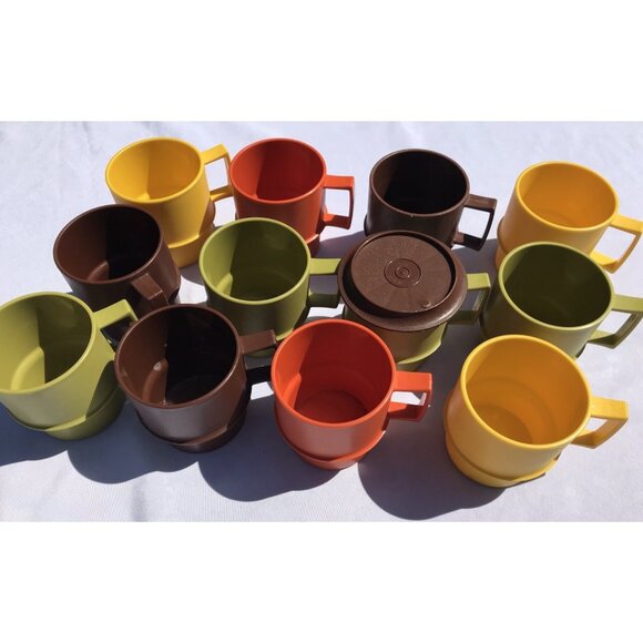 VTG Tupperware 1312 Stacking Coffee Cups Harvest MCM Orange Green Gold Brown Set - Picture 3 of 16